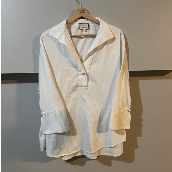 Tuckernuck Blanc Willow Blouse SZ XS Pearl Button Cotton 3/4 Sleeve White Tunic - Picture 5 of 12